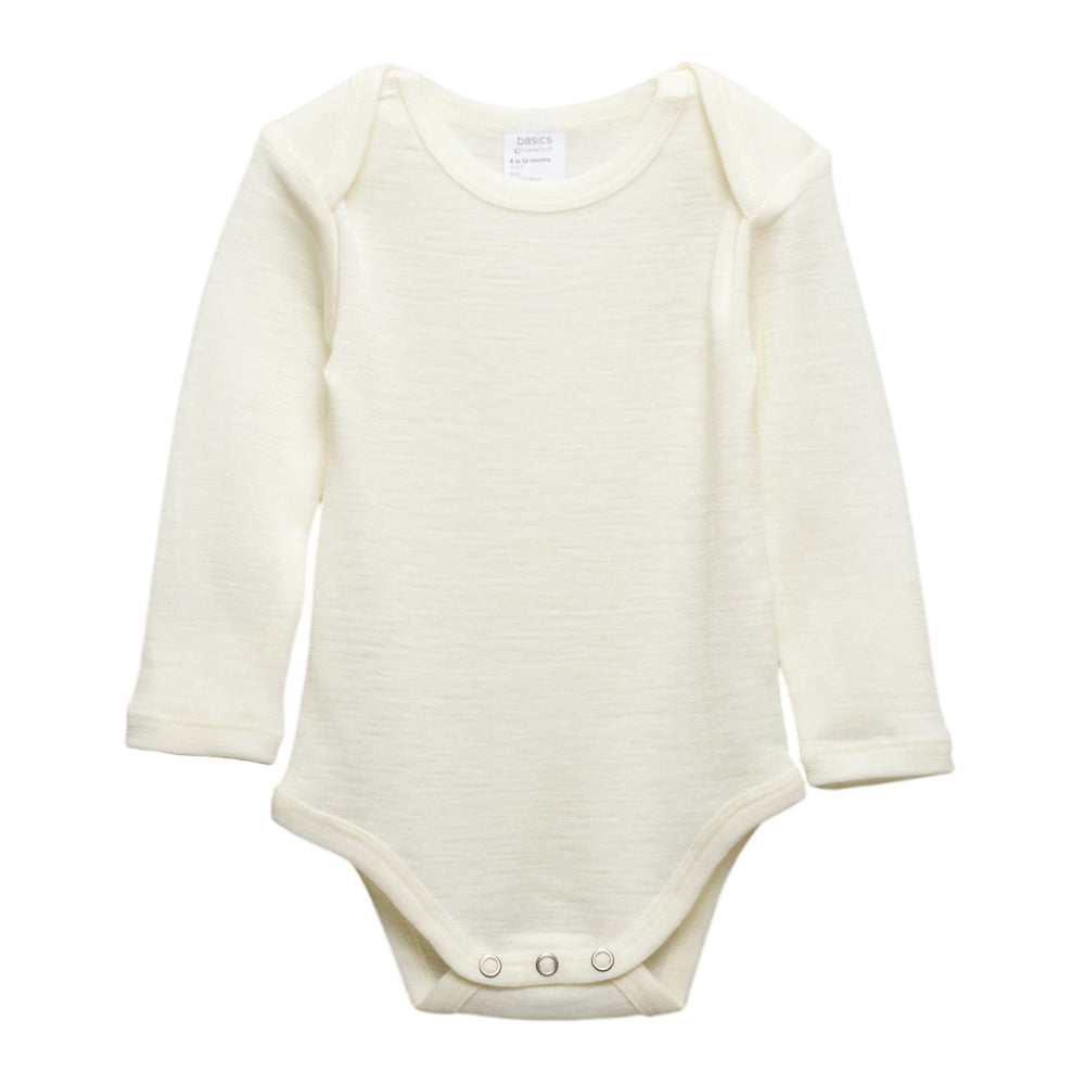 A cream long-sleeve baby bodysuit with three snap buttons at the crotch, shown flat on a white background.