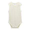 An off-white merino wool sleeveless baby bodysuit with three metal snap buttons at the crotch, shown flat against a white background.
