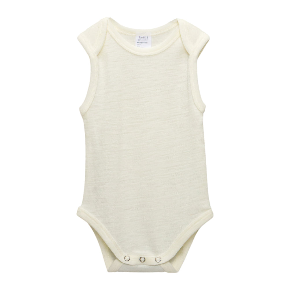 An off-white merino wool sleeveless baby bodysuit with three metal snap buttons at the crotch, shown flat against a white background.