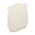 Three sleeveless merino wool cream baby bodysuits stacked together on a plain white background.