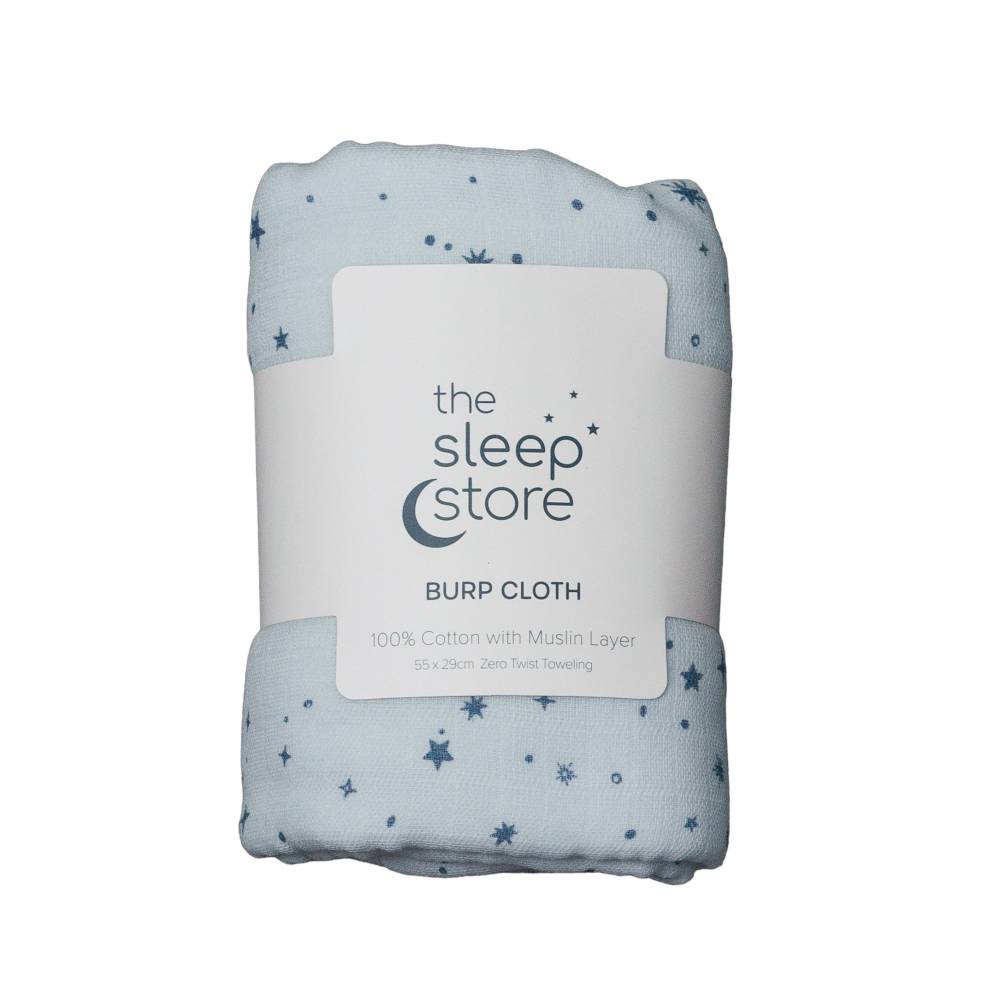 Blue Burp cloth with star pattern and 'The Sleep Store' branding on a white background
