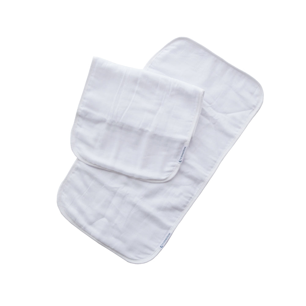 White baby burp cloth 2 pack on a white background