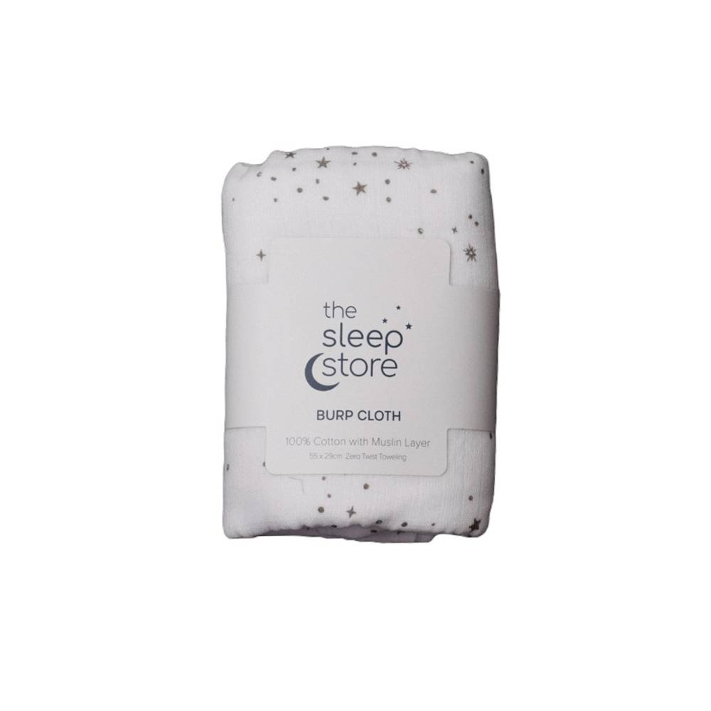 Folded white/grey stars burp cloth with 'The Sleep Store' branding on a white background