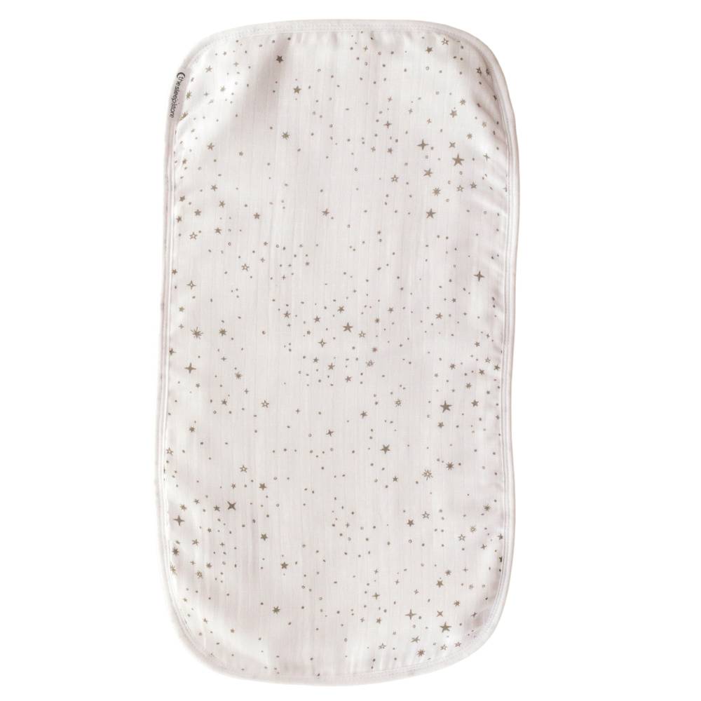 Rectangular burp cloth with white with grey star pattern on a white background