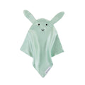 Mint green baby silk comforter with bunny ears and face on a white background