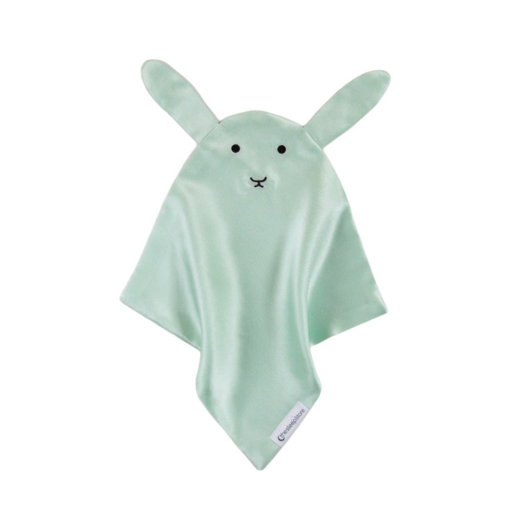 Mint green baby silk comforter with bunny ears and face on a white background
