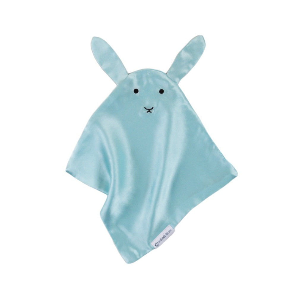 Light blue baby silk comfort blanket with bunny ears and face on a white background