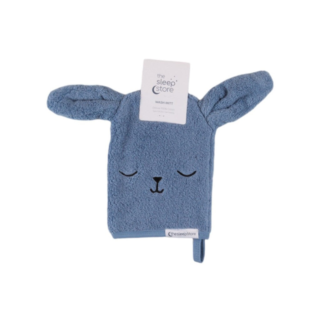 Blue wash mit with bunny ears and face design on a white background