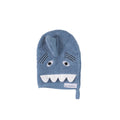 Blue shark-shaped bath mitt on a white background