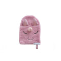 Pink unicorn-themed bath mitt on a white background