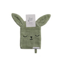 Green rabbit-shaped wash mitt with a visible brand label on a white background