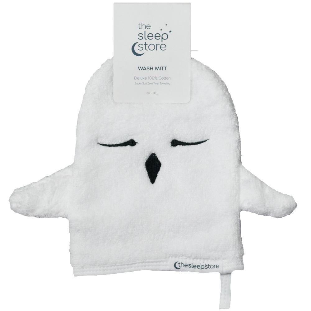 White wash mitt with black accents on a white background, featuring 'the sleep store' branding.
