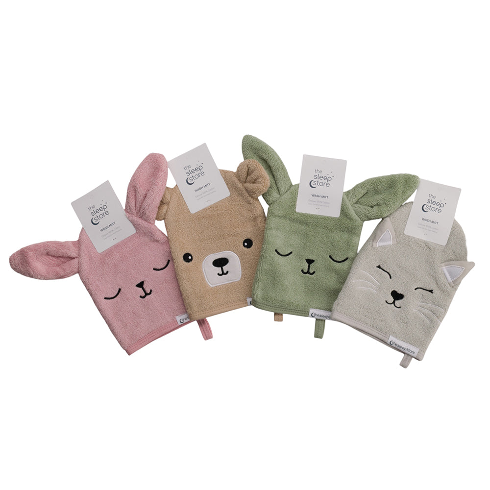 Four animal-themed wash mits on a white background