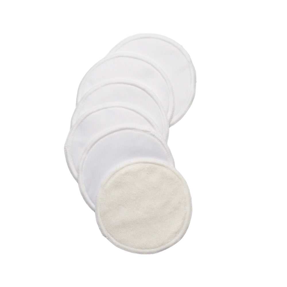 Six reusable bamboo breast pads  fanned out on a plain white background, with the front pad showing a soft off-white textured side and the remaining pads showing a white side.