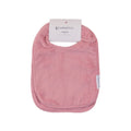 Pink cotton terry classic style baby bib with a label on a white background