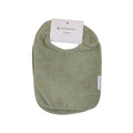 Green terry cotton baby bib with a label on a white background