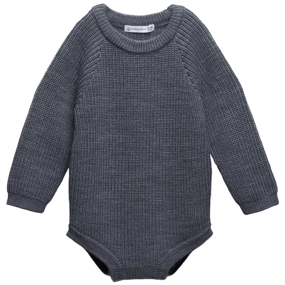 Grey knitted merino baby bubblesuit romper on a white background