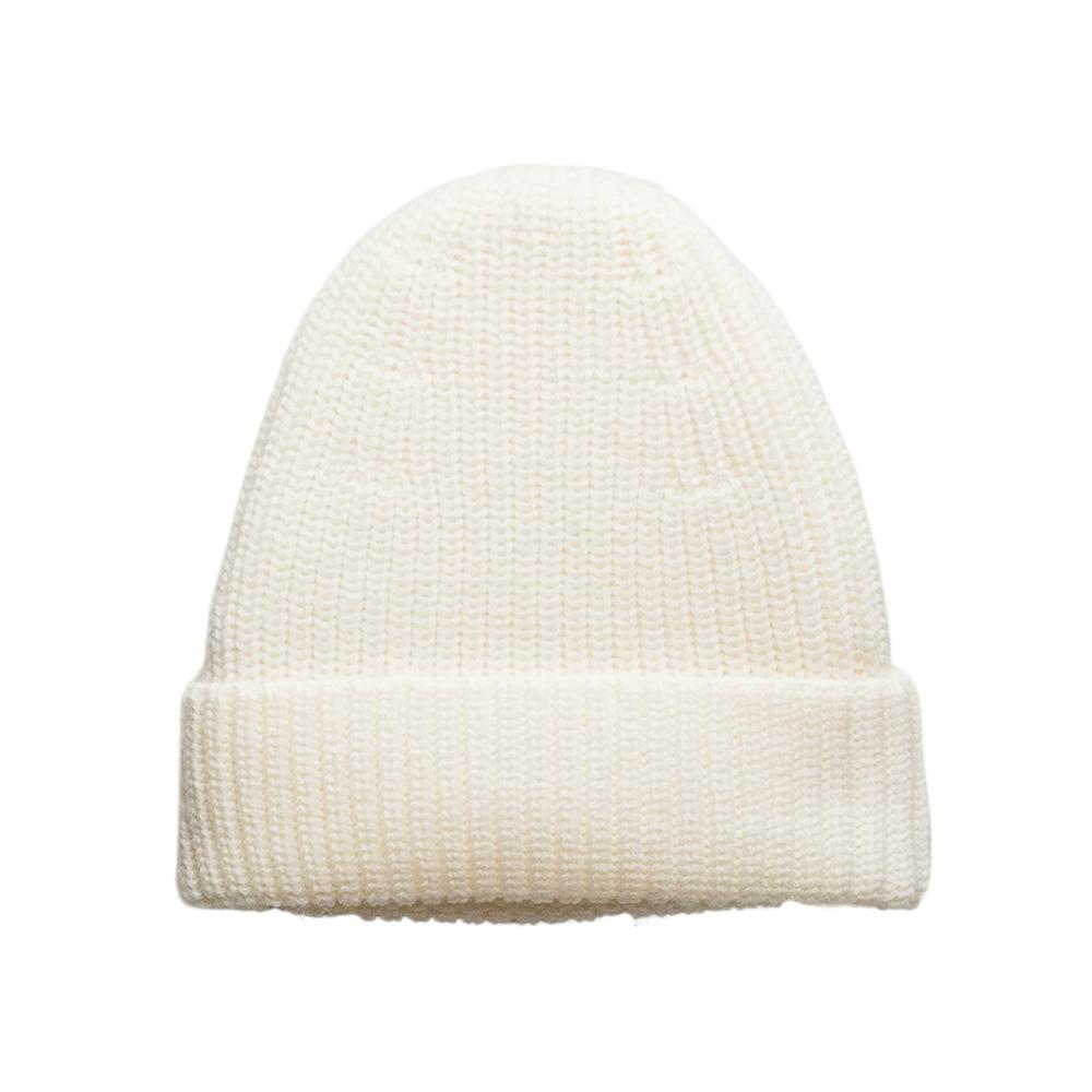 Cream merino wool knit beanie with cuff on a white background