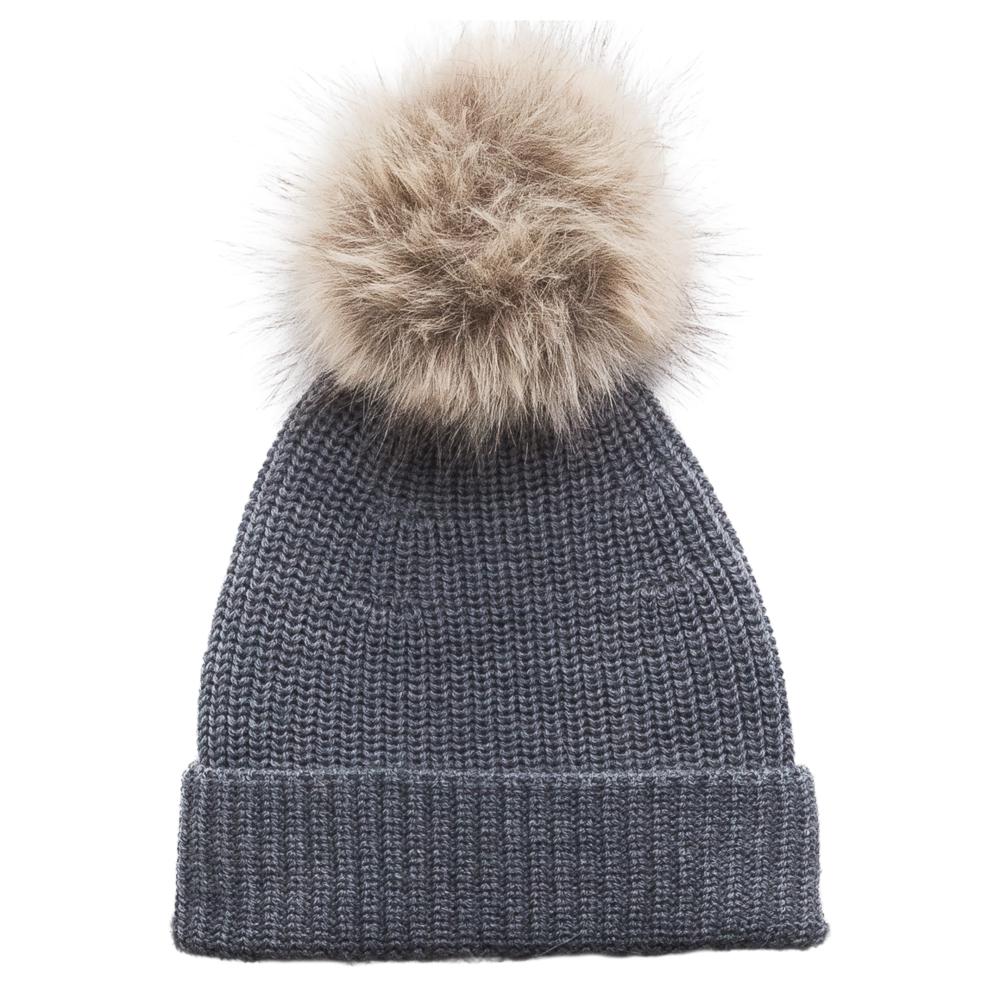 Grey merino wool knit beanie with a fur pom-pom on a white background