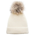White merino wool knit beanie with a fur pom-pom on a white background