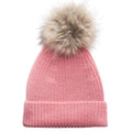 Pink merino wool knit beanie with a fur pom-pom on a white background