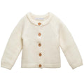Cream-colored merino wool seed stitch knitted cardigan with brown buttons on a white background