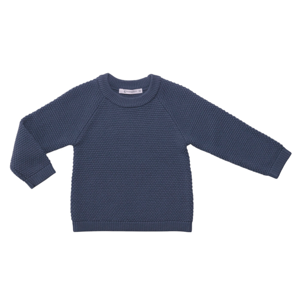 Blue woolen knitted crew neck sweater on a white background 