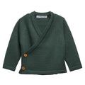 Green merino wool knitted kimono cardigan with buttons on a white background