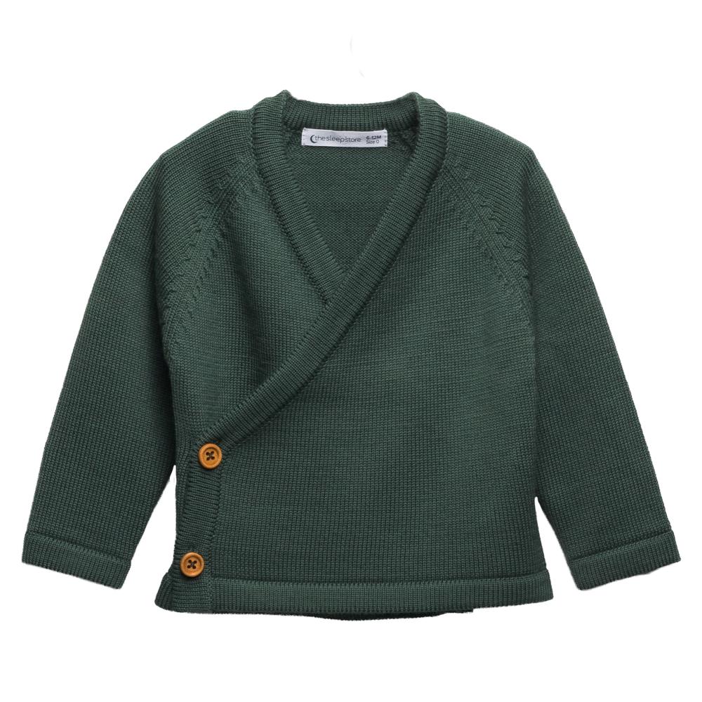 Green merino wool knitted kimono cardigan with buttons on a white background