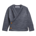Grey merino knitted kimono cardigan with wooden buttons on a white background