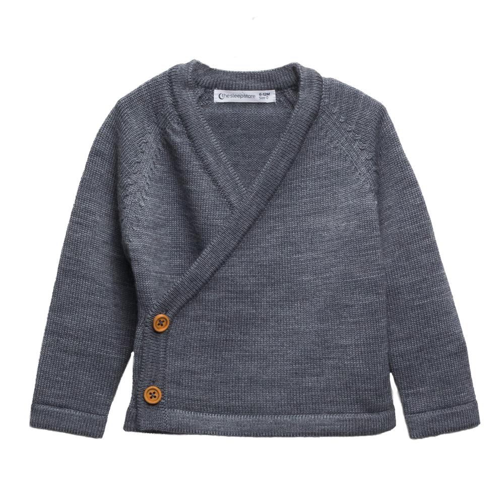 Grey merino knitted kimono cardigan with wooden buttons on a white background