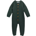 Forest Green merino wool knitted baby romper with brown buttons on a white background