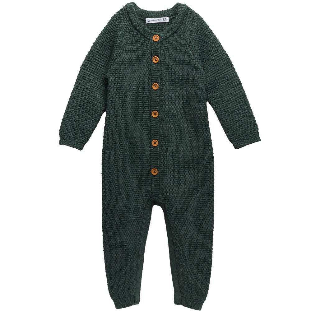 Forest Green merino wool knitted baby romper with brown buttons on a white background