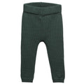 Forest green woolen knitted baby pants with rib waistband and cuffs on a white background 
