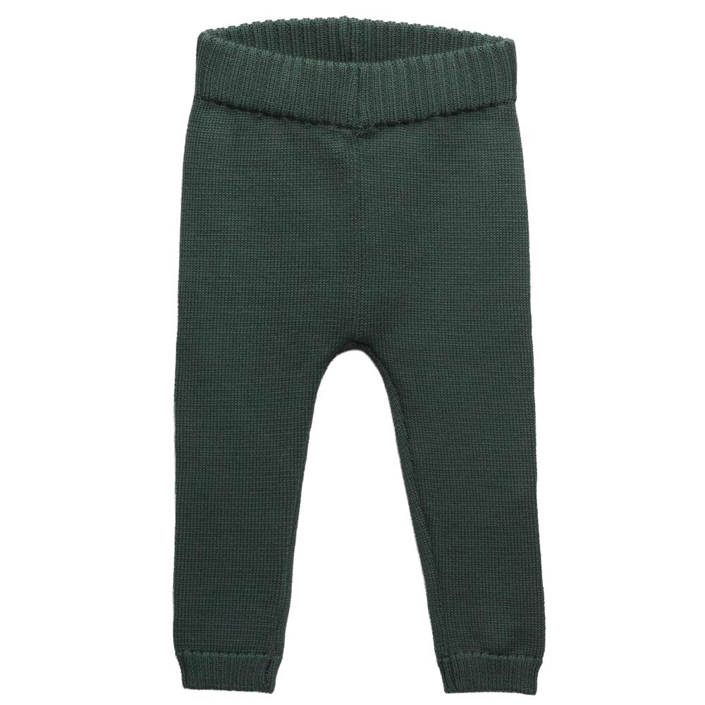 Forest green woolen knitted baby pants with rib waistband and cuffs on a white background 