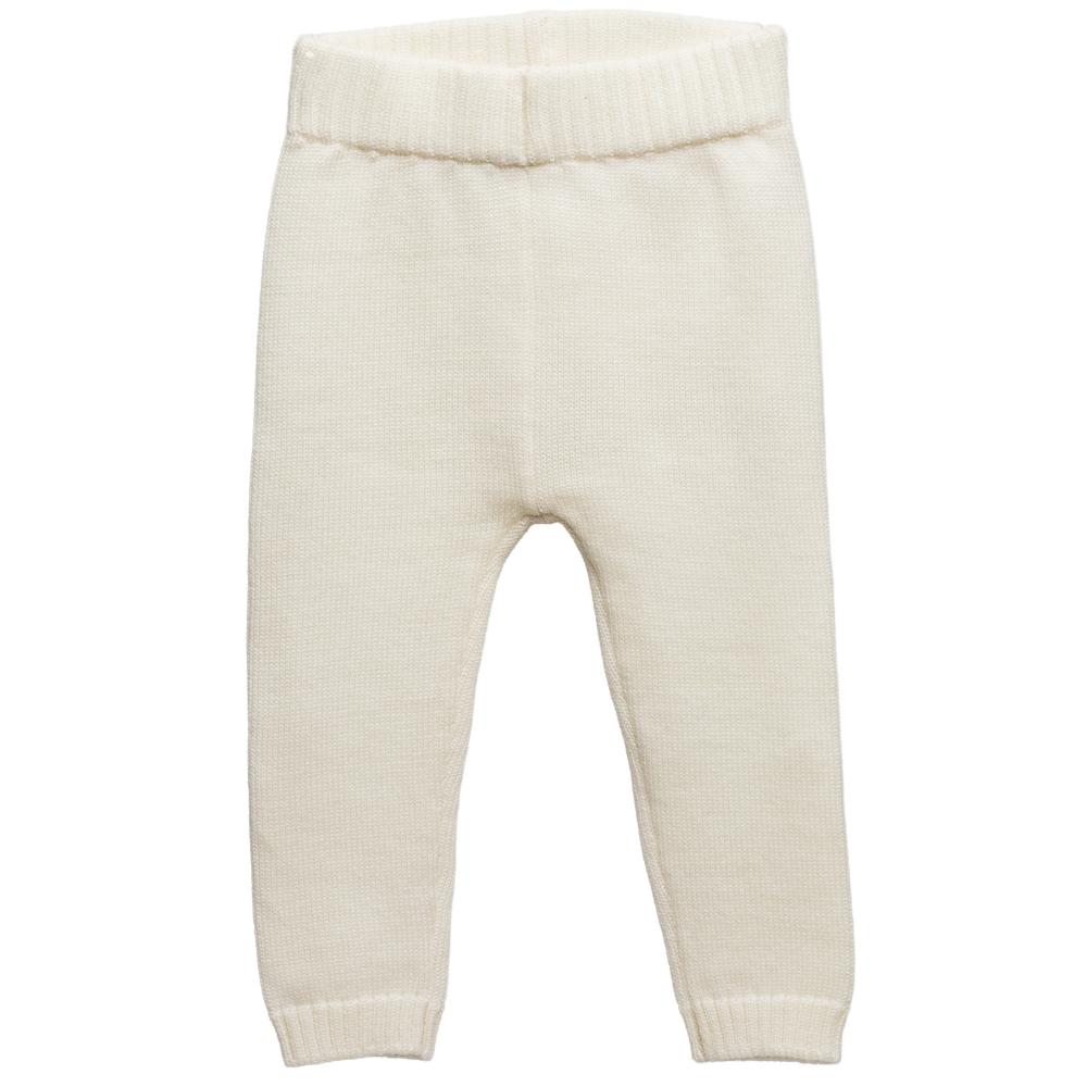 Cream merino wool knitted baby pants on a white background