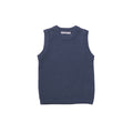 Blue woolen blue knitted vest with "The sleep store' tag on a white background