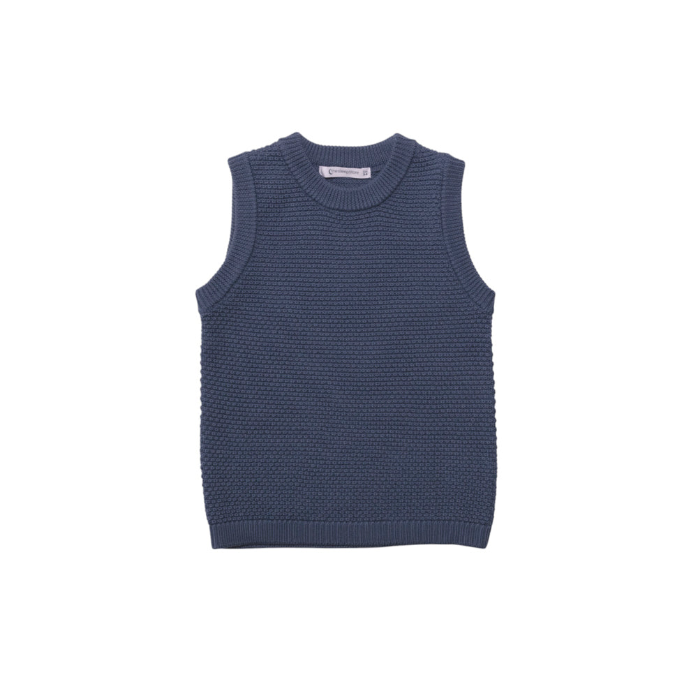 Blue woolen blue knitted vest with "The sleep store' tag on a white background