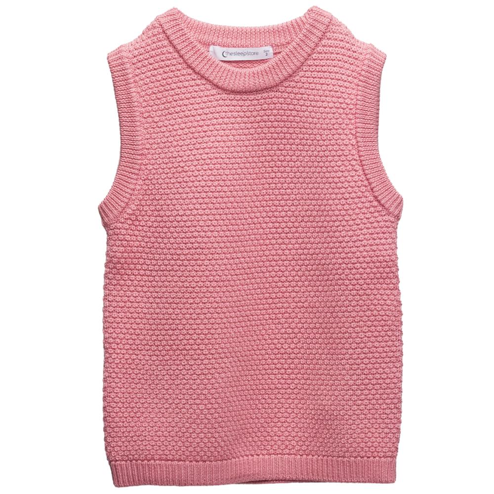 Pink woolen knitted vest on a white background