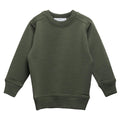 An olive green long-sleeve merino/tencel fleece crewneck sweatshirt with ribbed cuffs and hem, displayed flat against a plain white background.