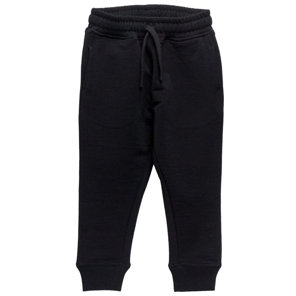 Black merino fleece jogger pants with an elastic drawstring waistband and ribbed ankle cuffs, shown flat on a white background.
