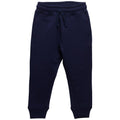 A pair of dark navy blue merino fleece sweatpants with an elastic waistband, matching drawstring, and ribbed ankle cuffs, shown against a plain white background.