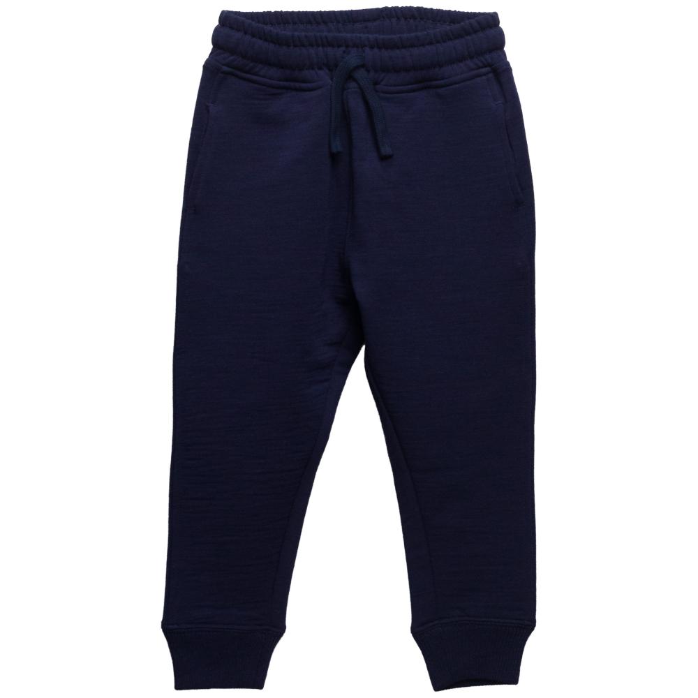A pair of dark navy blue merino fleece sweatpants with an elastic waistband, matching drawstring, and ribbed ankle cuffs, shown against a plain white background.