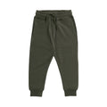 A pair of dark olive green merino fleece/tencel jogger pants with an elastic waistband, drawstring, and ribbed ankle cuffs, shown flat on a white background.
