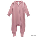 A dusty pink merino fleece baby onesie with a front zipper, long sleeves, and ribbed cuffs and ankles, shown on a plain white background with 'Baby Size' text in the bottom right corner.