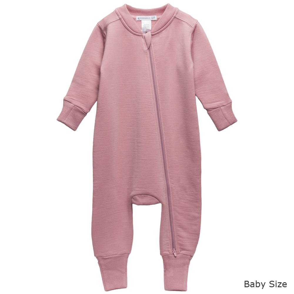 A dusty pink merino fleece baby onesie with a front zipper, long sleeves, and ribbed cuffs and ankles, shown on a plain white background with 'Baby Size' text in the bottom right corner.