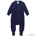 A navy blue long-sleeve baby footless one-piece jumpsuit in a merino fleece fabric with a front zipper, shown against a plain white background with 'Baby Size' text in the bottom right corner.