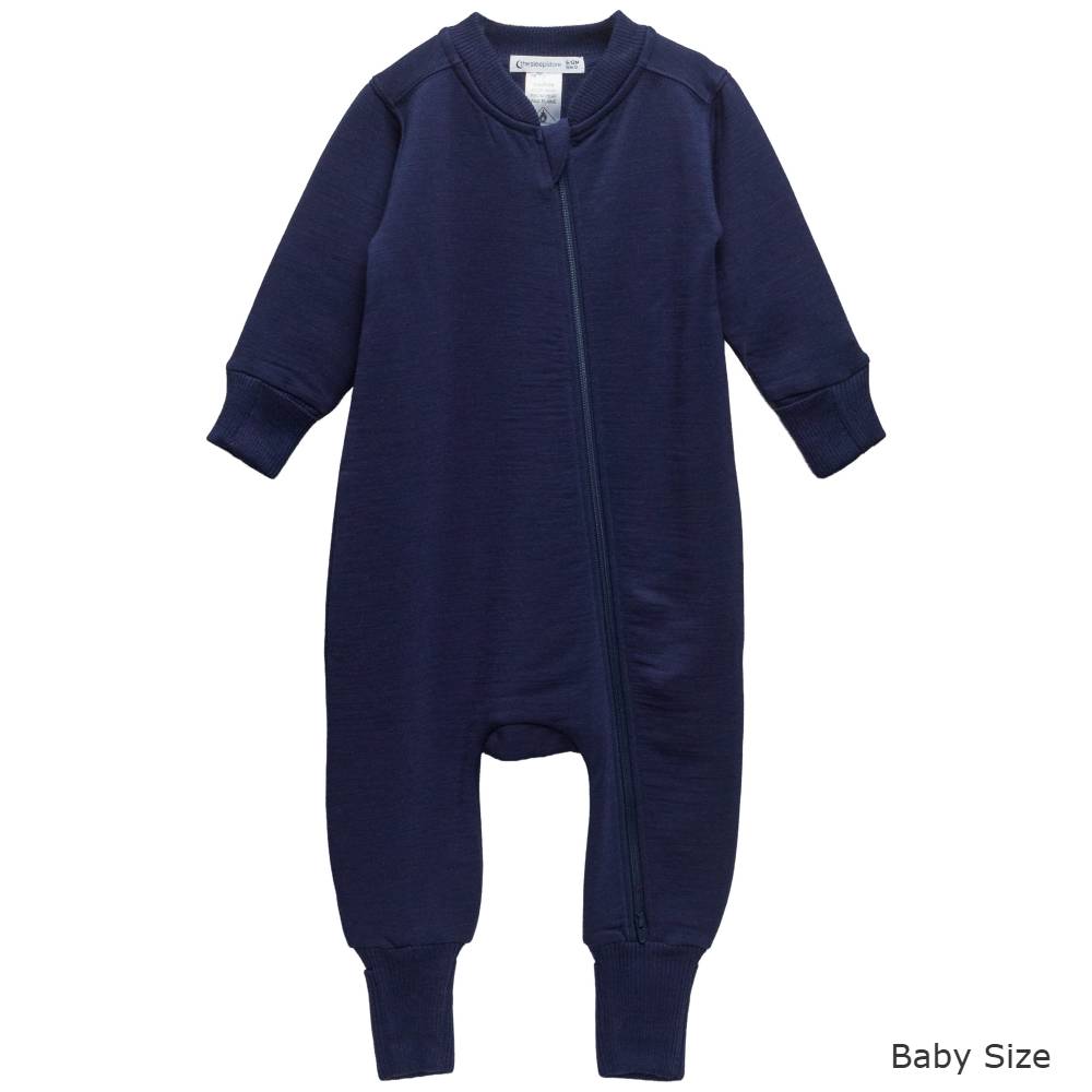 A navy blue long-sleeve baby footless one-piece jumpsuit in a merino fleece fabric with a front zipper, shown against a plain white background with 'Baby Size' text in the bottom right corner.