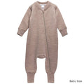 A baby merino and tencel fleece long-sleeve zip-up sleeper in a heathered taupe-brown color, shown flat against a white background with a 'Baby Size' text overlay in the bottom right corner.