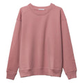 A dusty rose merino fleece crewneck sweatshirt with long sleeves and ribbed cuffs and hem, shown flat against a plain white background.